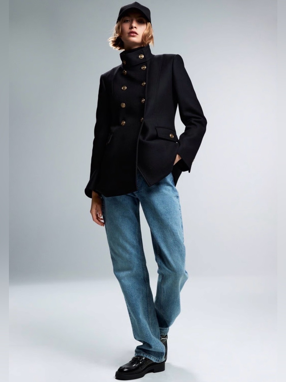 Zara Black ITALIAN Wool Double-Breasted Military-Style Coat w/ Gold Buttons Lrg